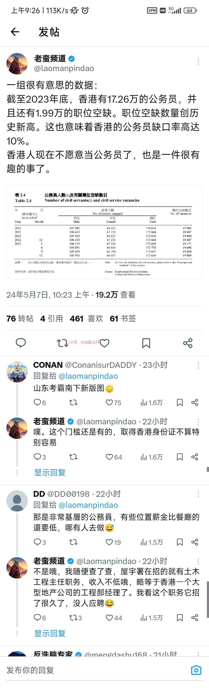 香港公务员，缺口大，按1…#情报-搞钱情报论坛-网创交流-优选副业网